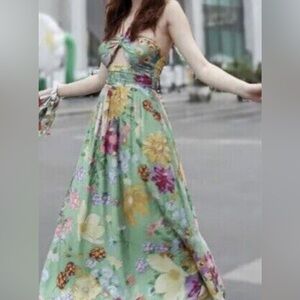 H&M Green Floral Halter Neck Midi Maxi Cut Out Summer Dress